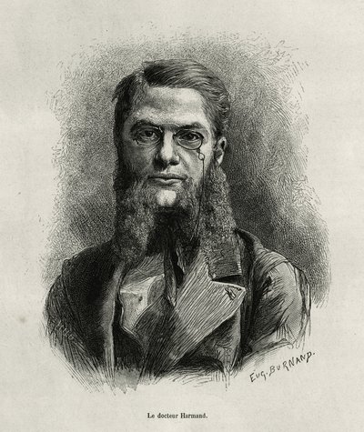 Porträt von Dr. Harmand, Gravur von Eugene Burnand, zur Illustration der Geschichte von Laos und den wilden Bevölkerungen Indochinas von Dr. Harmand, 1877, veröffentlicht in Le tour du monde, unter der Leitung von Edouard Charton von Eugene Burnand