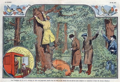 Eine T.S.F.-Gesellschaft installiert Mikrofone in Wäldern und Feldern, um den Gesang der Vögel aufzunehmen und zu übertragen. Illustration von Damblans in „Le Pelerin“ vom 21. Mai 1933. von Eugene Damblans
