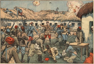Kolonialtruppen befreien den Aoulay (Aoulai) Posten in Marokko unter Hauptmann Duboin. Illustration von Damblans. In „Le Pèlerin“ vom 7. Juni von Eugene Damblans