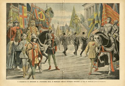 Illustration von Eugene Damblans (1865-1945) in Le Pelerin, 06/08/05 - Anlässlich des 70. Jahrestages der belgischen Unabhängigkeit ziehen prächtige historische Umzüge durch die Stadt Brüssel - Belgien, Geschichte, Flaggen, Brüssel, Gedenken von Eugene Damblans