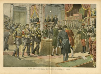 Illustration von Eugene Damblans (1865-1945) in Le Pelerin, 03/04/04 - In Japan leitet Mikado die Eröffnungssitzung des Parlaments von Eugene Damblans