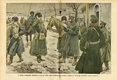 Illustration von Eugene Damblans (1865-1945) in Le Pelerin, 05/03/05 - General Kuropatkin, Oberbefehlshaber der russischen Armee in der Mandschurei, erhält den Bericht eines seiner Leutnants von Eugene Damblans