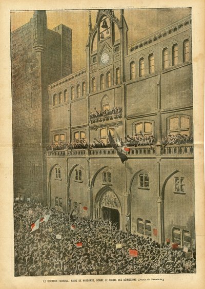 Illustration von Eugene Damblans (1865-1945) in Le Pelerin, 23/06/07 - Doktor Ferroul, Bürgermeister von Narbonne, gibt das Signal für die Rücktritte - Soziales, Stadtarchitektur, Wein, Aufstände, Weinkrise, Revolte der Winzer, Narbonne, Bürgermeister, Fer von Eugene Damblans