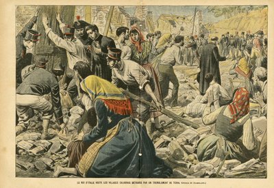 Illustration von Eugene Damblans (1865-1945) in Le Pelerin, 24/09/05 - Der König von Italien besucht die von einem Erdbeben zerstörten kalabrischen Dörfer - Verschiedene Fakten, Italien, Architektur Urbanismus, Zerstörung von Gebäuden, Naturkatastrophe, Er von Eugene Damblans