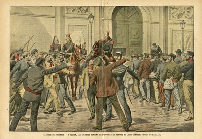 Illustration von Eugene Damblans (1865-1945) in Le Pelerin, 26/11/05 - Der Streik der Arsenale in Toulon, die Streikenden versuchen, die Miete ihrer Kameraden zu verhindern von Eugene Damblans