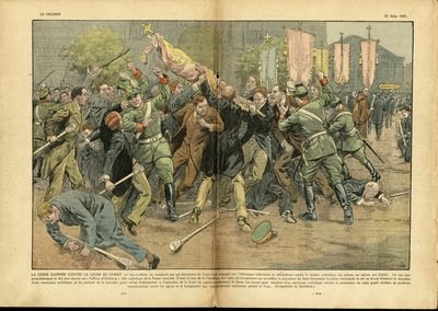 Illustration von Eugene Damblans (1865-1945) in Le Pelerin, 27/06/37 - Das Hakenkreuz gegen das Kreuz Christi im hitlerischen Deutschland - Deutschland Preußen, Religion Glaube, Menge, Kampf, Hakenkreuz, Christliches Kreuz, Katholizismus - Soldat von Eugene Damblans