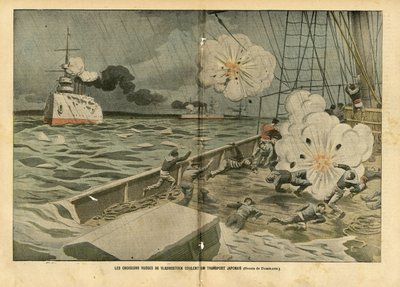 Illustration von Eugene Damblans (1865-1945) in Le Pelerin, 28/02/04 - Die russischen Kreuzer von Wladiwostok versenken einen japanischen Transporter - Armee, Marine, Russisch-Japanischer Krieg, Kriegsschiffe, Wladiwostok - Matrosen von Eugene Damblans