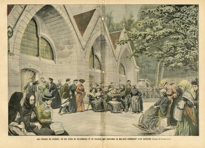 Illustration von Eugene Damblans (1865-1945) in Le Pelerin, 28/08/04 - An den Becken von Lourdes, in diesen Tagen der Wallfahrten und Gebete, bitten Hunderte von Patienten um ihren Krieg - Medizin, Religion Glaube, Architektur Stadtplanung, Katholisch von Eugene Damblans