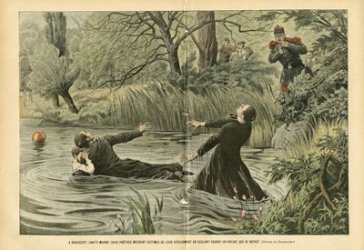 Illustration von Eugene Damblans (1865-1945) in Le Pelerin, 30/07/05 - In Riaucourt (Haute-Marne) sterben zwei Priester, die versuchen, ein ertrunkenes Kind zu retten von Eugene Damblans