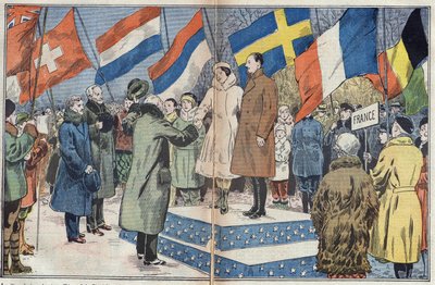 Olympische Winterspiele (1932) - Abschlusszeremonie: Die französischen Eiskunstläufer M. und Frau Brunet Joly (Brunet-Joly), Olympiasieger, werden vom Jury beglückwünscht. Lake Placid, USA. Illustration von Damblans. In „Le Pelerin“ vom 18. März von Eugene Damblans