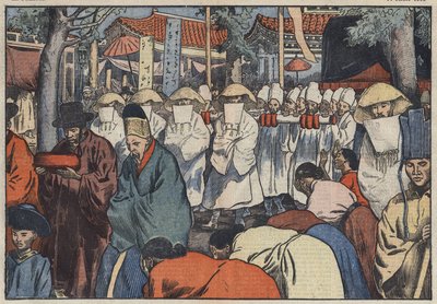 Die Beerdigung des ehemaligen Kaisers von Korea, Prinz Yi. Man sieht den Katafalk am Tor des Palastes in Seoul, während die Aigos oder „Koreanischen Trauernden“ den Tod des Prinzen beklagen. Seoul, Korea. Illustration von Damblans. In „Le Pelerin“ vom Juli von Eugene Damblans