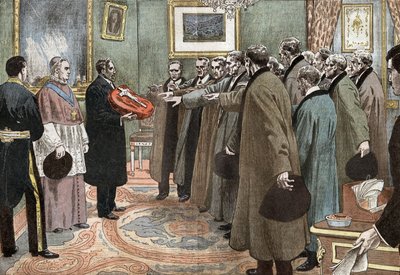 Delegierte der Republik Andorra mit dem Bischof von Urgel, die den Treueeid gegenüber Frankreich ablegen, Illustration von Damblans aus der Zeitung "Le Pelerin" 3. Mai von Eugene Damblans