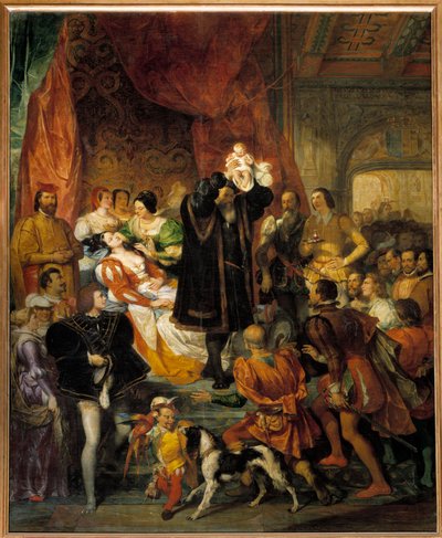 Geburt von König Heinrich IV. am 13.12.1553 im Schloss Pau Jeanne III., bekannt als Jeanne d