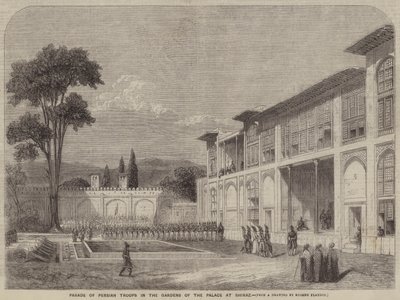 Parade persischer Truppen in den Gärten des Palastes von Shiraz von Eugene Flandin