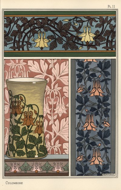 Akeleiblume, Aquilegia vulgaris, in Mustern für Tapeten, Stoffe und Vasen von Eugene Grasset