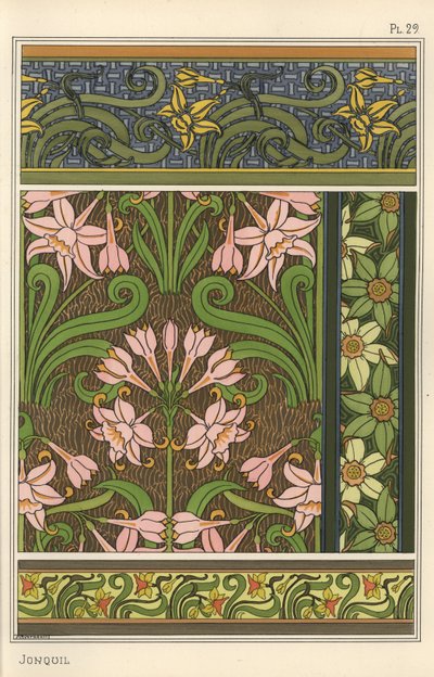 Jonquille, Narcissus jonquilla, als Designmotiv in Tapeten- und Stoffmustern von Eugene Grasset
