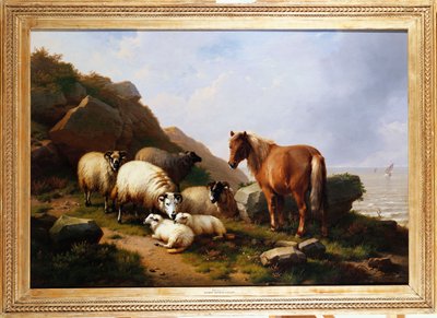 Ein Pony und Schafe auf einer Klippe mit einem Segelschiff dahinter, 1868 von Eugene Joseph Verboeckhoven