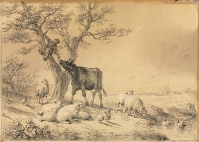 Landschaft mit Tieren und Junge im Baum von Eugene Joseph Verboeckhoven