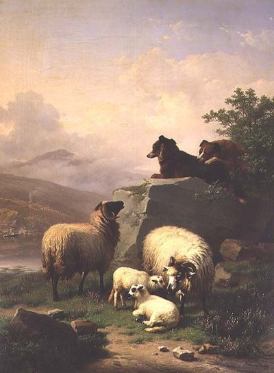 Schafe und Lämmer mit zwei Hunden in einer Flusslandschaft von Eugene Joseph Verboeckhoven