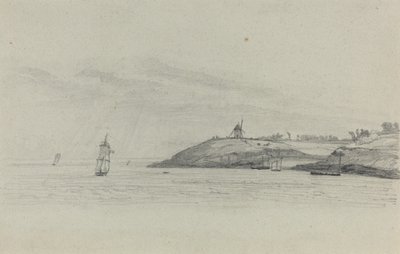 Küstenlandschaft mit Schiffen, Windmühle in der Ferne von Eugene Louis Boudin