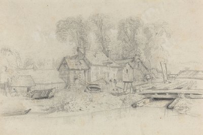 Flusslandschaft mit Gebäuden, Booten und Figuren, ca. 1858 von Eugene Louis Boudin