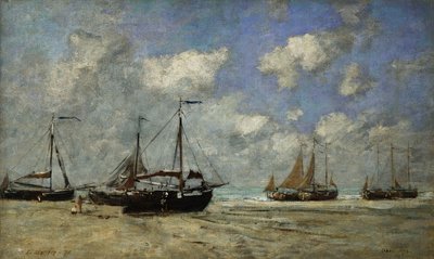 Scheveningen, Boote am Ufer gestrandet; Scheveningen, Bateaux Echoues sur la Greve, 1875 von Eugene Louis Boudin