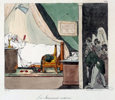 Nächtlicher Spaß. Kinder erschrecken eine Person, die im Bett liest. Illustration des Buches „La vie de chateau“. Gravur von Eugene Louis Lami (1800-1890). von Eugene Louis Lami