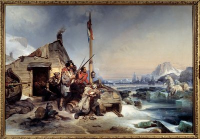 Winter einer Mannschaft niederländischer Seeleute an der Küste von Nowaja Semlja. Eisbärenjäger auf den arktischen Inseln von Nowaja Semlja. von Eugene Modeste Edmond Lepoittevin