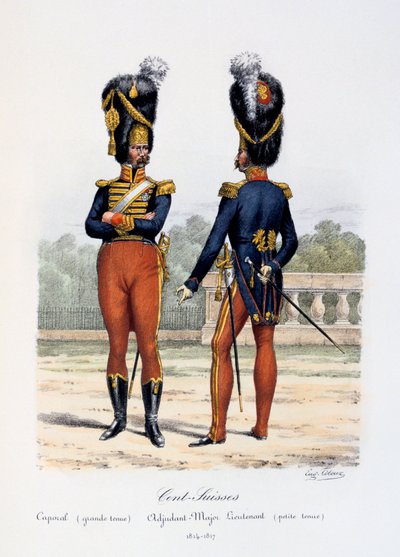 Cent-Suisses, Caporal große Uniform, Adjutant-Major Leutnant kleine Uniform, 1814-17 von Eugene Titeux