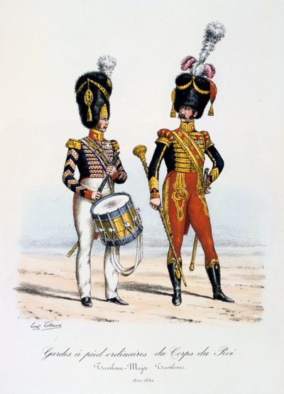 Gardes à pied ordinaires du Corps de Roi, Tambourmajor und Trommler, 1822-30 von Eugene Titeux