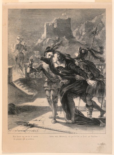 Illustration für Hamlet: Hamlet versucht, dem Geist seines Vaters zu folgen (I,4) von Eugène Delacroix