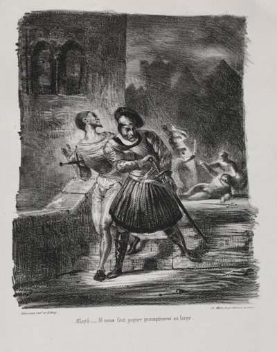 Illustrationen zu Faust: Méphistophélés und Faust fliehen nach dem Duell von Eugène Delacroix