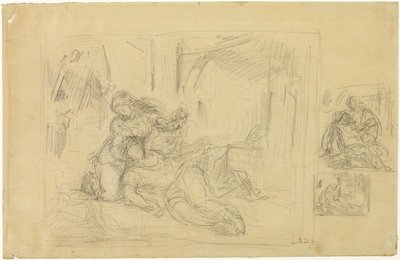 Sterbende Frau(?), Mann im Schlafzimmer, zwei Skizzen desselben von Eugène Delacroix