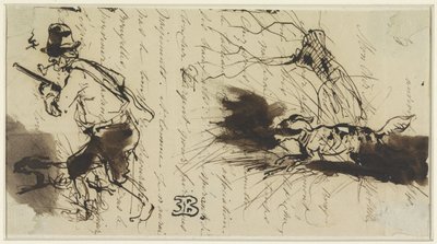 Jäger mit Hund, über einen Brief gezeichnet von Eugène François de Block