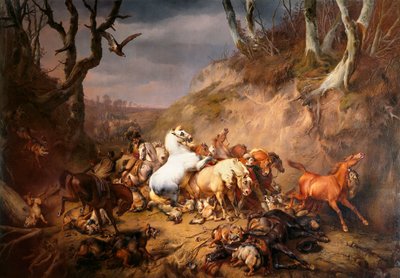 Hungrige Wölfe greifen eine Gruppe Reiter an von Eugène Verboeckhoven