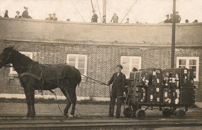 Gepäckträger mit einem pferdegezogenen Gepäckwagen an den Docks von European Photographer