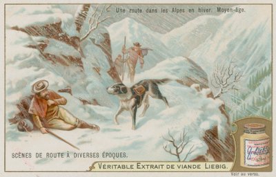 Eine mittelalterliche Straße über die Alpen im Winter von European School