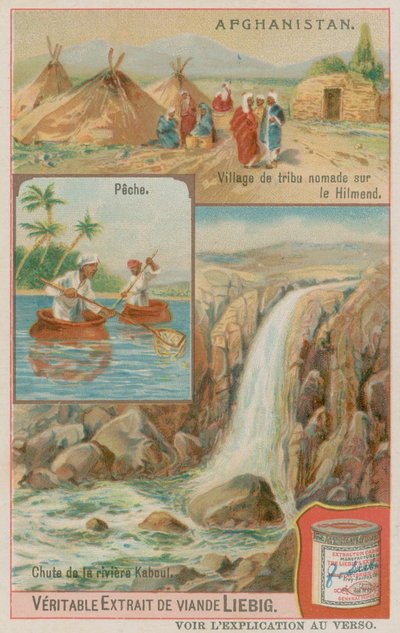 Ein Wasserfall des Kabul-Flusses mit Fischern und einem nomadischen Stammesdorf in Helmand von European School