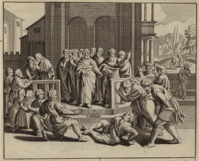 Ananias fällt tot um, nachdem er den Heiligen Geist belogen hat von European School