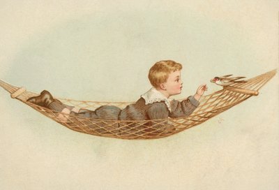 Junge, der in einer Hängematte liegt und einen Vogel füttert von European School