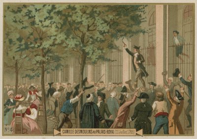 Camille Desmoulins ruft vor dem Palais Royal in Paris zum bewaffneten Kampf auf, Französische Revolution, 12. Juli 1789 von European School