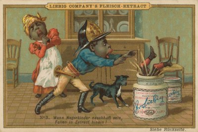 Karikatur Afrikaner fällt in Leibig Fleischextrakt Glas von European School