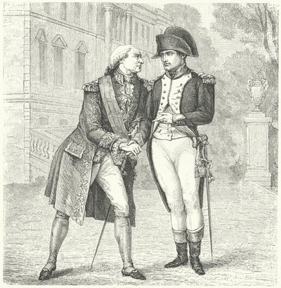 Karl IV. von Spanien mit Napoleon (Stich) von European School