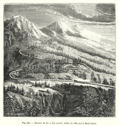 Eisenbahn mit Mittelschiene, 1866 auf dem Mont-Cenis errichtet von European School