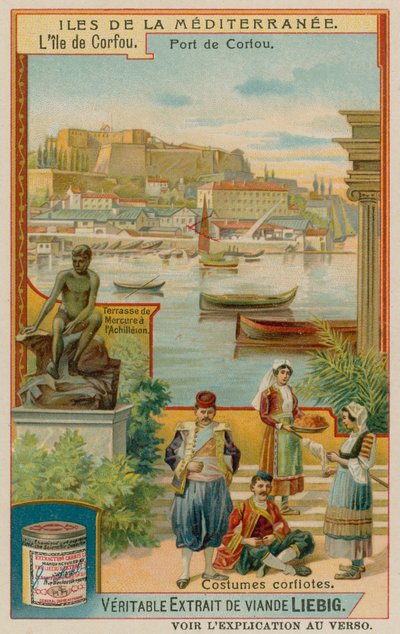 Korfu: Die Statue von Achilles und traditionelle Kleidung von European School