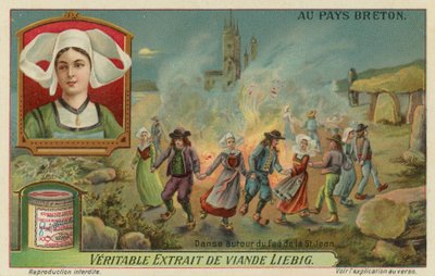 Tanz um das Feuer am Vorabend von St. Johannes (Mittsommer) (Chromolithografie) von European School