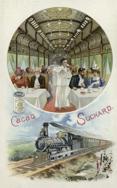 Trinken von Suchard-Kakao im Speisewagen eines Zuges von European School