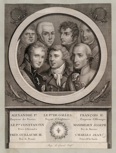 Europäische Könige des frühen 19. Jahrhunderts: Zar Alexander I. von Russland; George, Prinz von Wales, Regent von König George III.; Franz II., Heiliger Römischer Kaiser; Großherzog Konstantin Pawlowitsch von Russland; Maximilian Joseph, König von Bayern  von European School