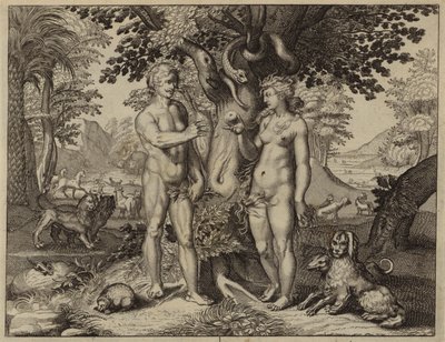 Eva wird von der Schlange verführt, die Frucht vom Baum der Erkenntnis zu essen von European School