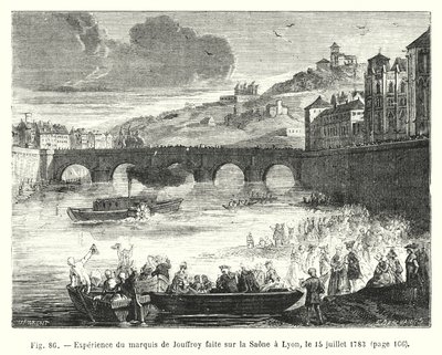 Experiment des Marquis de Jouffroy auf der Saone in Lyon, 15. Juli 1783 (Stich) von European School